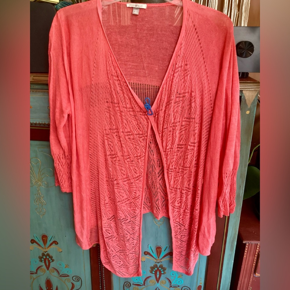 Roz & Ali Coral Open-Front Cardigan, 1X Linen/rayon